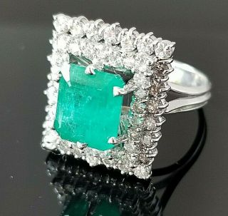 Vintage Rich Green Emerald Double Halo Diamond 18k white gold ring 3