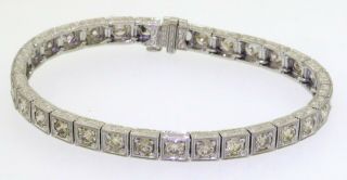Vintage 18k Wg 7.  13ctw Vs Diamond Line Link Bracelet W/ Floral Carved Sides
