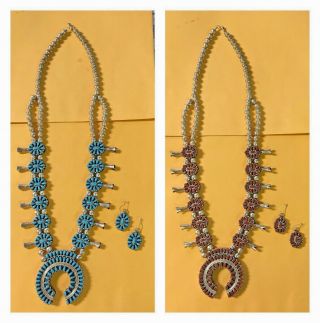 Vtg 50s Zuni Sterling Silver & Turquoise/coral Squash Blossom Necklace & Earring