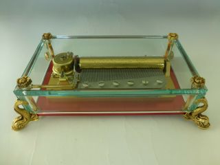 Vintage Swiss Reuge 72 3 Songs Music Box Crystal Clear Glass Case Dolphin Legs
