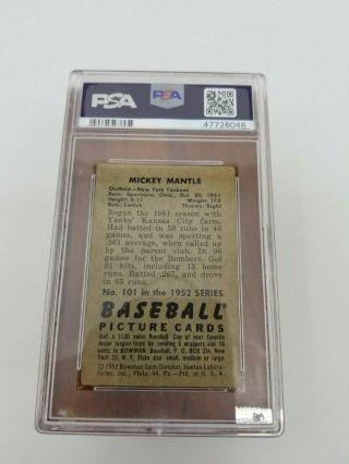 Vintage York Yankees Mickey Mantle 1952 Bowman Card PSA 2 101 Good 3