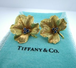 Vintage Tiffany & Co.  18k Gold Leaf & Sapphire Earrings Clip - On