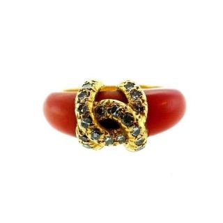 Cartier French 18k Yellow Gold,  Diamond & Coral Logo Ring Vintage