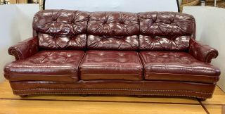 Chesterfield Vintage English Tufted Burgundy Leather Three Seat Sofa Seven Feet