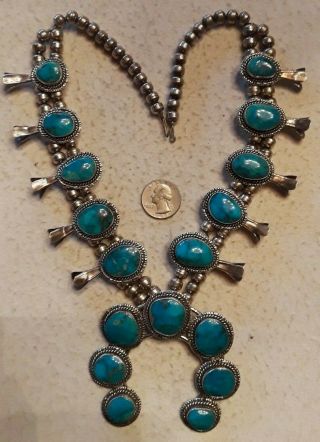 Vintage Navajo Squash Blossom Necklace Turquoise,  Sterling,  Huge,  170 Grams,  23 "