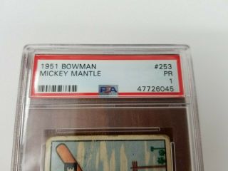 Vintage York Yankees Mickey Mantle 1951 Bowman Rookie Card PSA 1 253 RC 2