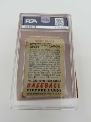 Vintage York Yankees Mickey Mantle 1951 Bowman Rookie Card PSA 1 253 RC 3