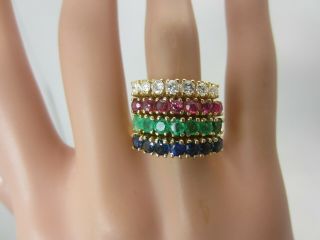 Vintage 18k Yellow Gold Emerald Ruby Sapphire Diamond Set Of 4 Stack Rings