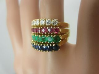 Vintage 18k Yellow Gold Emerald Ruby Sapphire Diamond Set of 4 Stack Rings 2