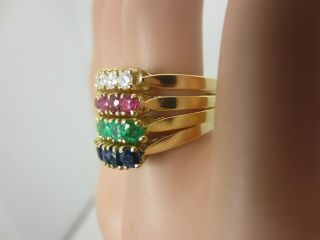 Vintage 18k Yellow Gold Emerald Ruby Sapphire Diamond Set of 4 Stack Rings 3