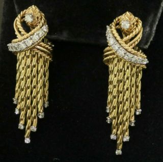 Vintage Heavy 14k Gold 1.  30ctw Diamond Tassel Drop Dangle Earrings