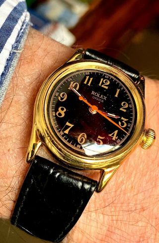 Vintage Officers Rolex Oyster 14ct Rose Gold Watch,  1940s Black Dial Art Deco