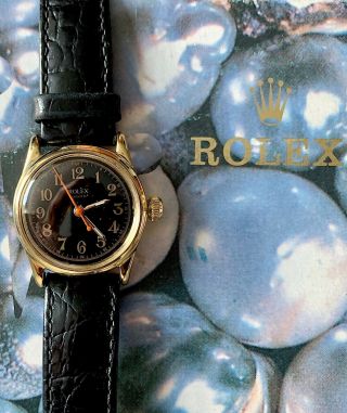 Vintage Officers Rolex Oyster 14ct rose gold watch,  1940s black dial art deco 3