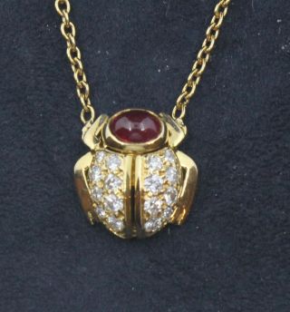 Vintage Van Cleef & Arpels 18k Gold Ruby & Diamond Beetle Necklace Pendant