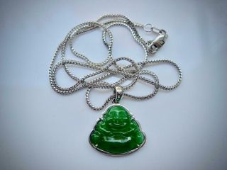 A Good Vintage Chinese Carved Green Jadeite Jade Pendant & 14k Gold Necklace