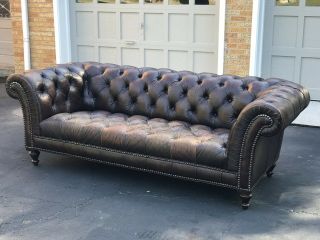 Vintage Brown Leather Chesterfield Tufted Sofa With Nail Head Trim Distressed