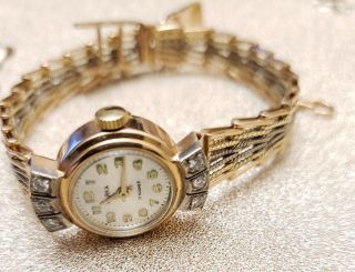 Vintage 14k Solid Gold Russia Women Watch Chaika Diamonds 3 Tone Solid Gold Band