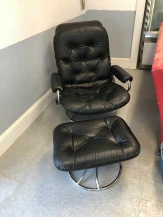 Ekornes Stressless Recliner Leather Chair W/ Ottoman Metal Base Mcm Norway Vtg