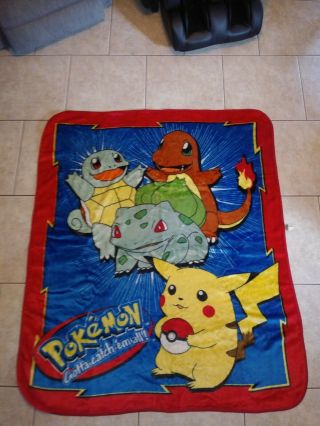 Vintage Pokemon Throw Fleece Blanket 1990s Pikachu Charmander Squirtle Nintendo