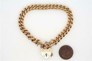 Antique English 15k Gold Curb Link Bracelet & Heart Shaped Padlock Clasp C1900