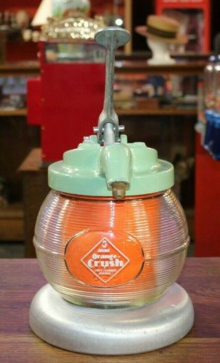 1940 - 50s Vintage Drink Orange Crush Syrup Dispenser Glass With Porcelain Lid