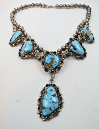 Vintage Navajo Pearls Sterling Silver Kingman Turquoise 17 " Squash Necklace