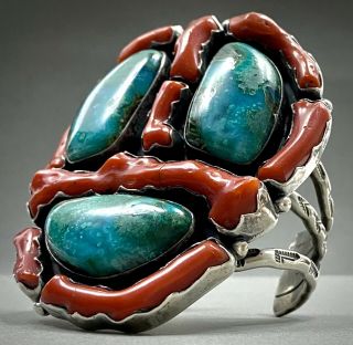 Massive Vintage Navajo Sterling Silver Turquoise & Coral Cuff Bracelet 204 Grams