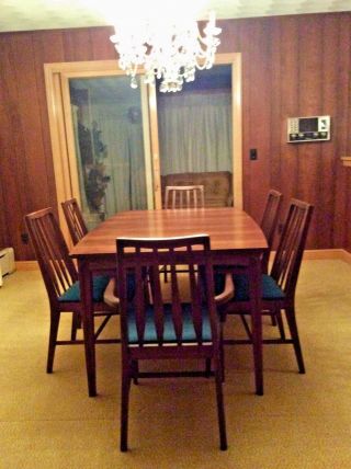 Vintage Mid - Century Modern Dining Set - Table,  3 Leafs & 6 Chairs W Fabric Euc
