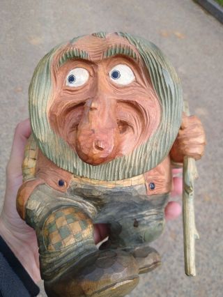Hand Carved Norway Vintage Antone Sveene Signed Wooden Troll Gnome Rare Mancave