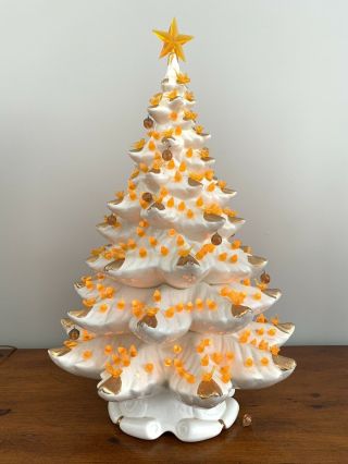 Vintage Ceramic Christmas Tree White Birds Gold Flocked Balls 25”