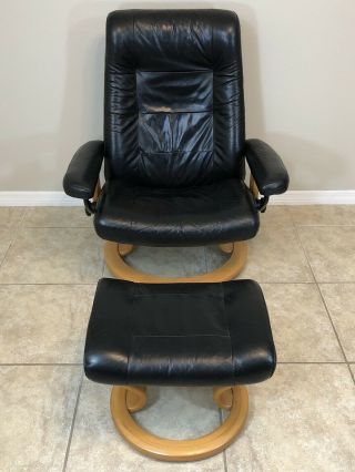 Ekornes Stressless Leather Reclining Chair W/ Ottoman Medium Black Vintage 3