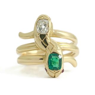 Vintage Emerald Diamond Double Snake Statement Ring 18k Yellow Gold,  7.  33 Grams