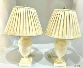 Very Heavy Vintage Alabaster Table Lamps With Shades 2