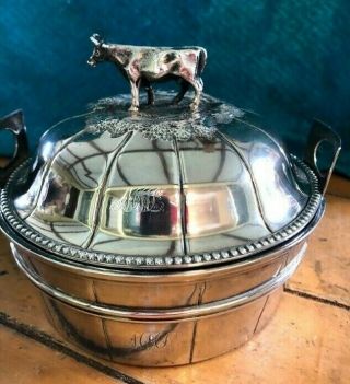 Antique Sterling Silver Butter Dish With Cow Finial Circa 1848 - 1878