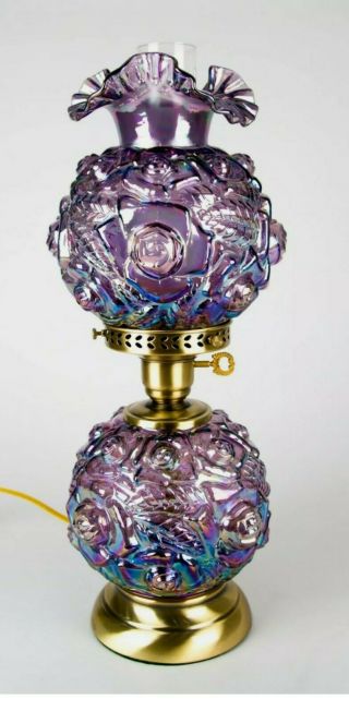 Fenton Puffy Rose Purple Amethyst Iridescent Carnival Glass Gwtw Lamp Vintage