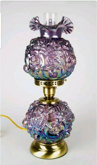 Fenton Puffy Rose Purple Amethyst Iridescent Carnival Glass GWTW Lamp Vintage 2