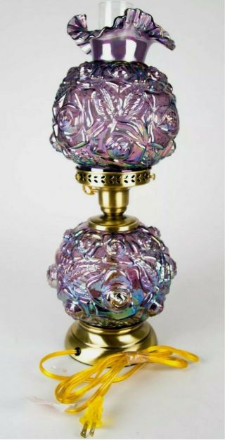 Fenton Puffy Rose Purple Amethyst Iridescent Carnival Glass GWTW Lamp Vintage 3