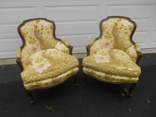 Vintage Pair Hollywood Regency French Louis Xv Fireside Lounge Arm Chairs