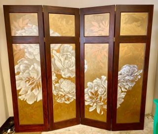Vintage Hand Painted Gold and White Four Panel Screen Room Divider Painting 2