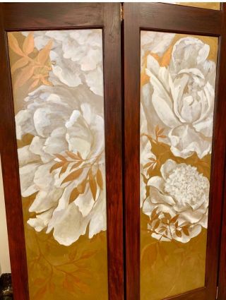 Vintage Hand Painted Gold and White Four Panel Screen Room Divider Painting 3