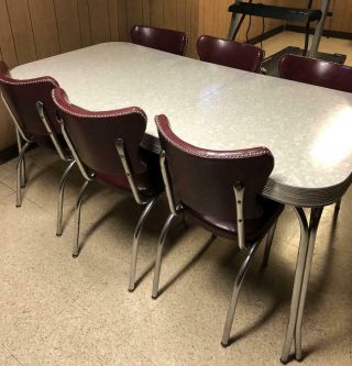 VINTAGE 1950 ' S CHROME TABLE,  GRAY FORMICA TOP & 6 VINYL SEAT CHAIRS 2