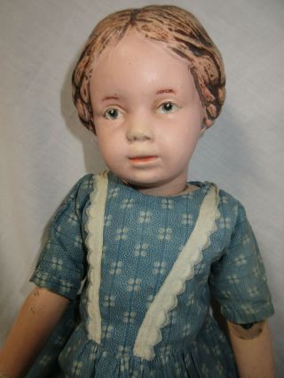 Carved Hair Schoenhut Girl 16/102 W Blue Bow In Period Dress & Union Suit