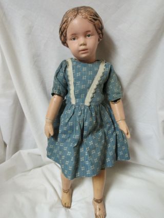 Carved Hair Schoenhut Girl 16/102 w Blue Bow in Period Dress & Union Suit 2