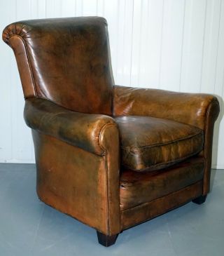 Vintage French Leather Club Armchair On Scroll Arms & Feather Filled Cushion