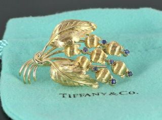 Estate Vintage Antique Tiffany Co 18k Yellow Gold Blue Sapphire Leaf Pin Brooch
