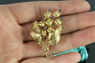 Estate Vintage Antique Tiffany Co 18K Yellow Gold Blue Sapphire Leaf Pin Brooch 2