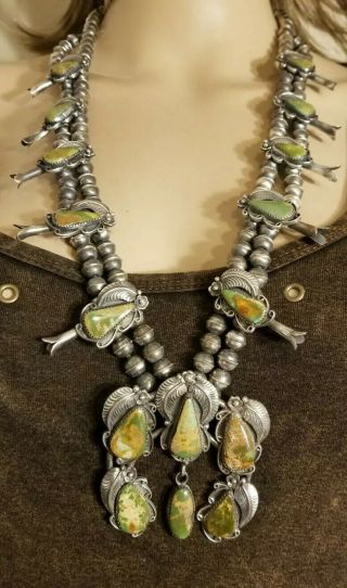 Vintage Navajo Royston Turquoise Sterling Squash Blossom Necklace Signed Tt