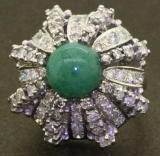 Vintage 14k Wg 3.  04ct Vs Diamond & Jadeite Jade Cluster Cocktail Ring Size 6.  5