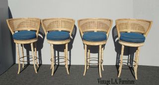 Four Vintage French Country Cane Wide Back Blue Bar Stools Faux Bamboo Barstools
