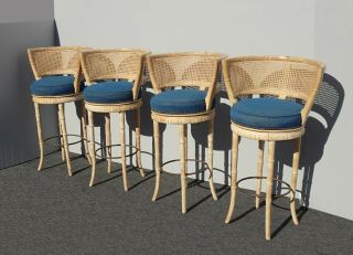 Four Vintage French Country Cane Wide Back Blue Bar Stools Faux Bamboo Barstools 2